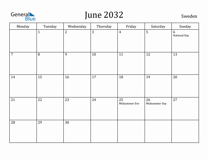 June 2032 Calendar Sweden