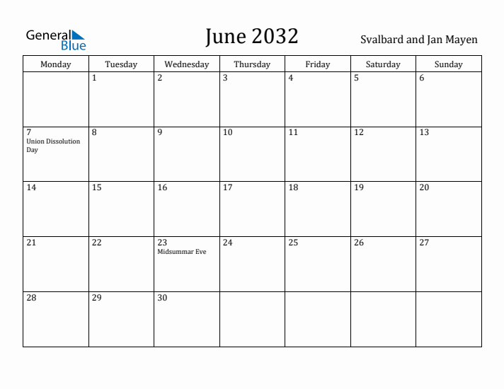 June 2032 Calendar Svalbard and Jan Mayen