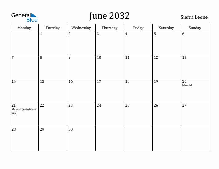 June 2032 Calendar Sierra Leone