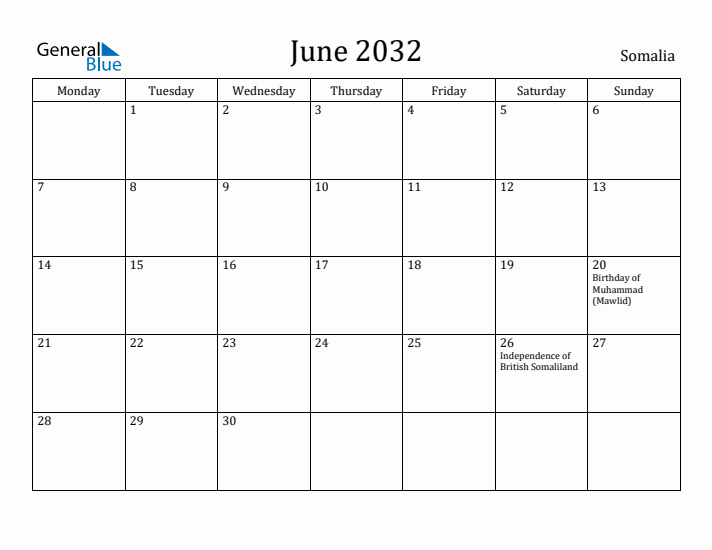 June 2032 Calendar Somalia
