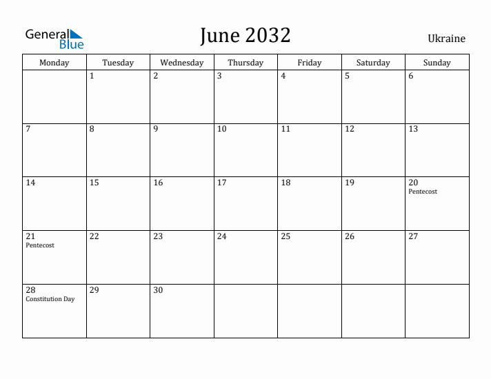 June 2032 Calendar Ukraine