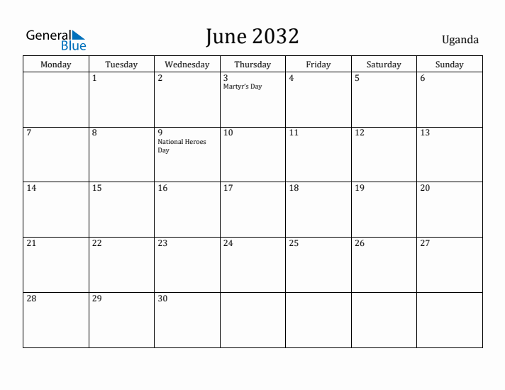 June 2032 Calendar Uganda