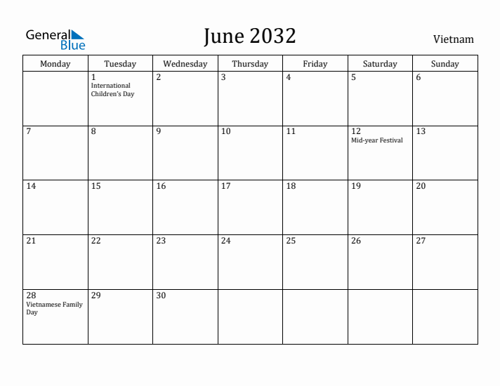 June 2032 Calendar Vietnam