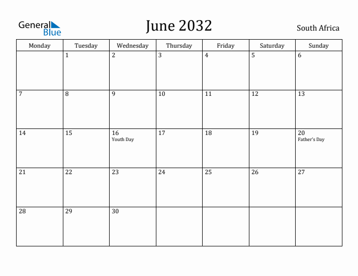 June 2032 Calendar South Africa