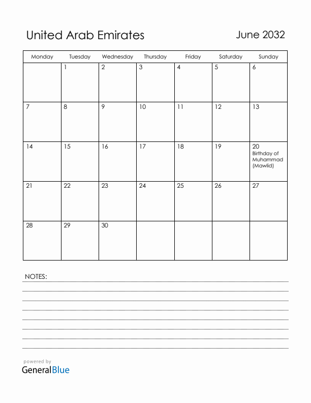 June 2032 United Arab Emirates Calendar with Holidays (Monday Start)