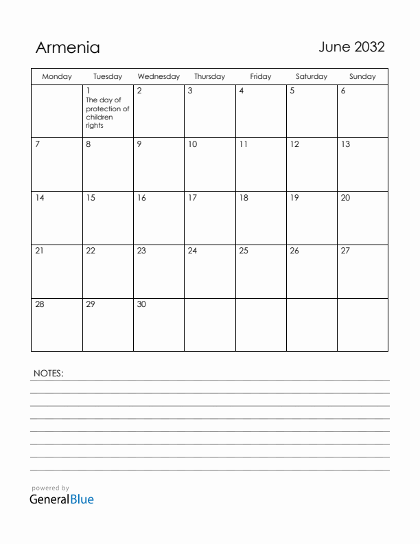 June 2032 Armenia Calendar with Holidays (Monday Start)