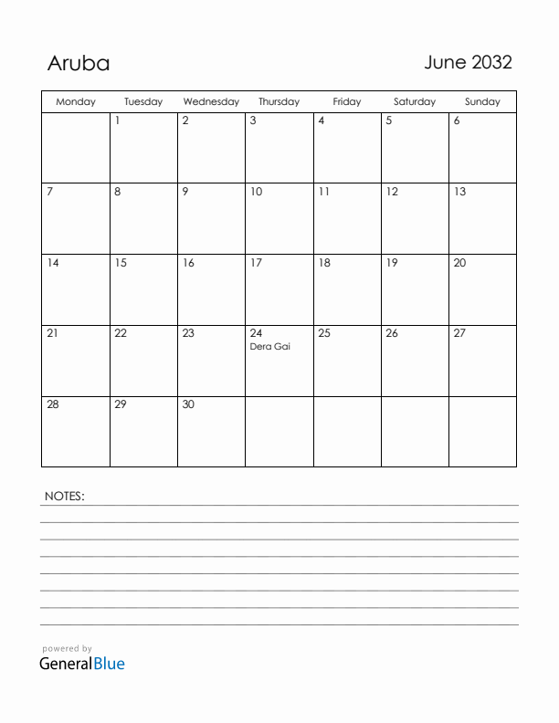 June 2032 Aruba Calendar with Holidays (Monday Start)