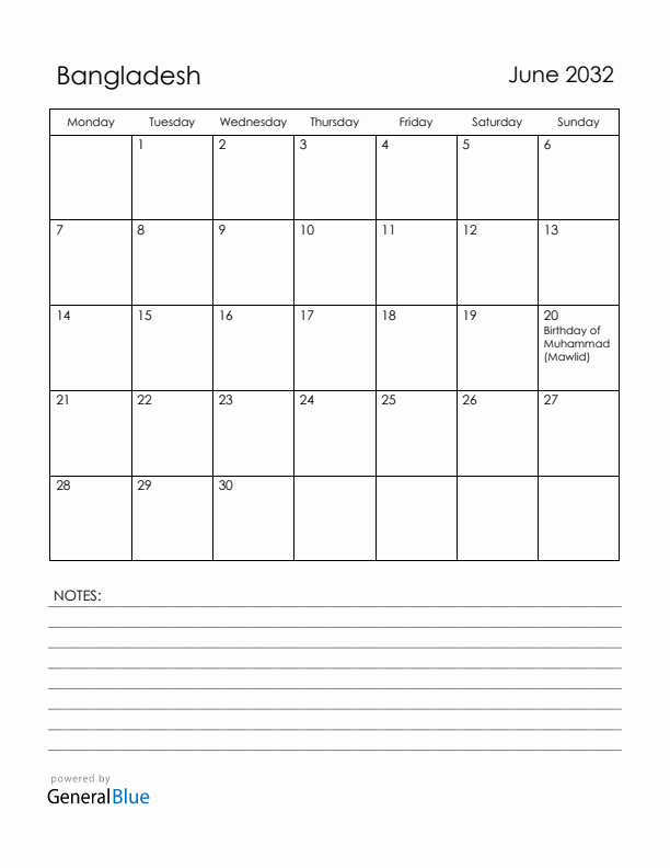 June 2032 Bangladesh Calendar with Holidays (Monday Start)