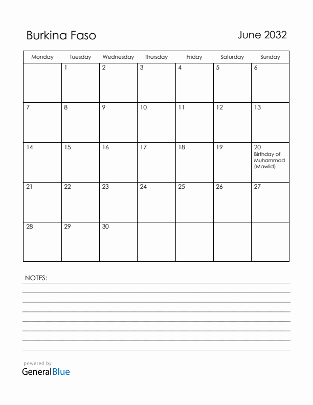 June 2032 Burkina Faso Calendar with Holidays (Monday Start)