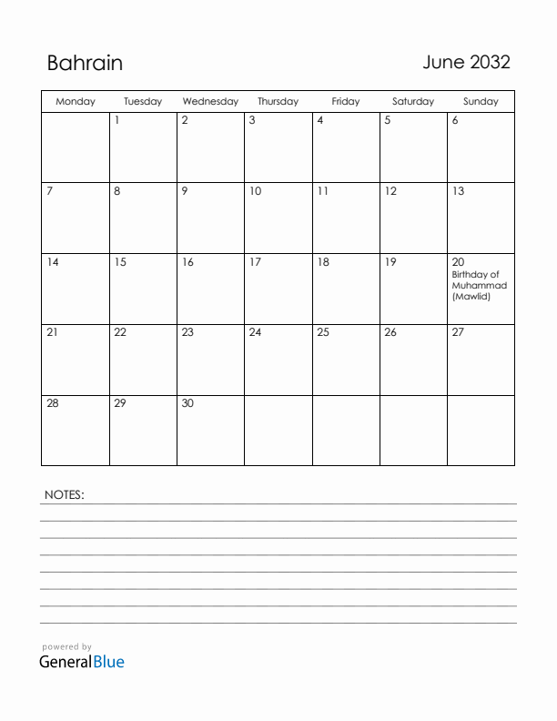 June 2032 Bahrain Calendar with Holidays (Monday Start)