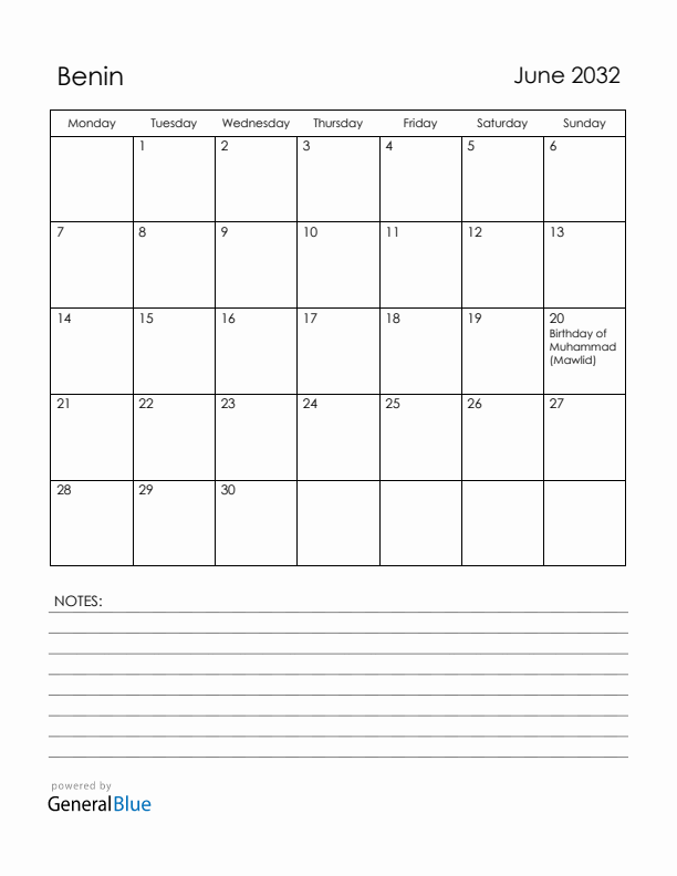 June 2032 Benin Calendar with Holidays (Monday Start)