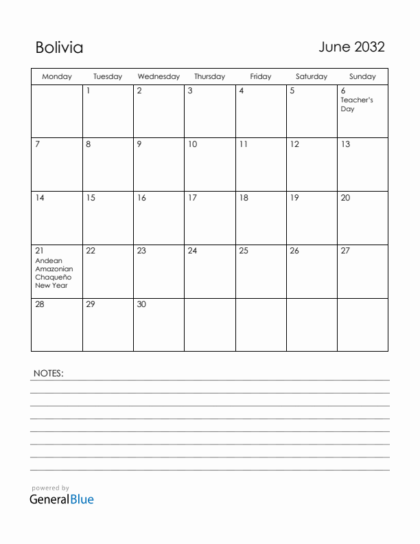 June 2032 Bolivia Calendar with Holidays (Monday Start)