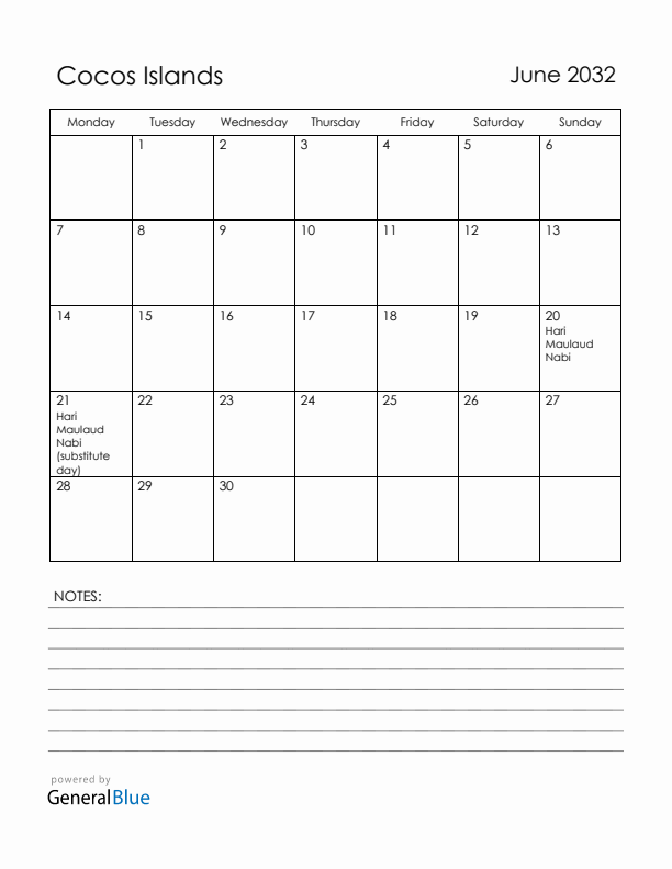 June 2032 Cocos Islands Calendar with Holidays (Monday Start)