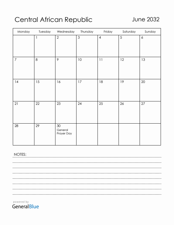 June 2032 Central African Republic Calendar with Holidays (Monday Start)