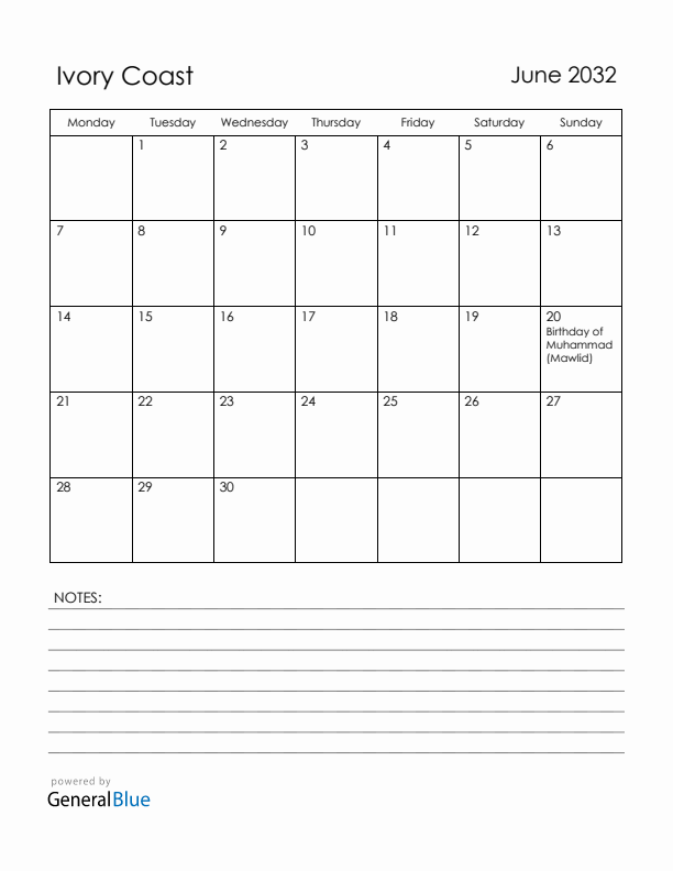June 2032 Ivory Coast Calendar with Holidays (Monday Start)