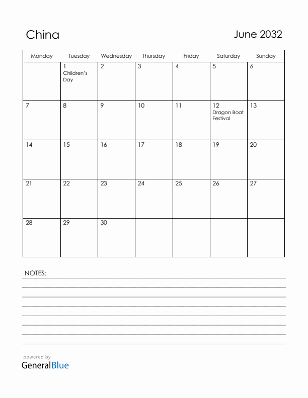 June 2032 China Calendar with Holidays (Monday Start)