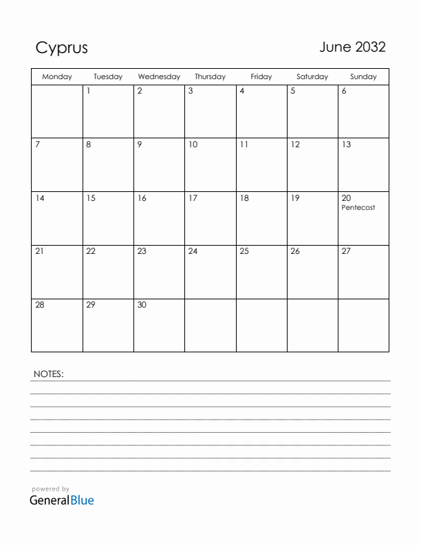 June 2032 Cyprus Calendar with Holidays (Monday Start)