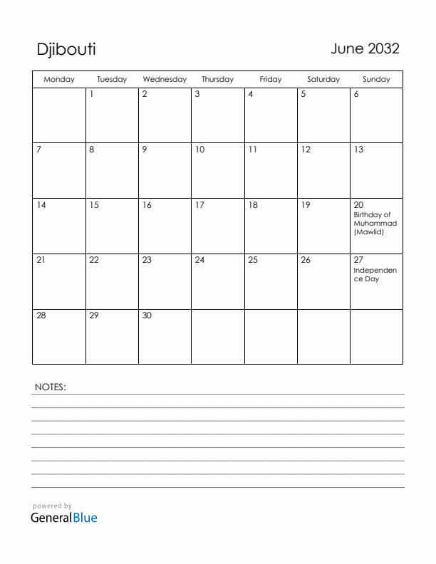 June 2032 Djibouti Calendar with Holidays (Monday Start)