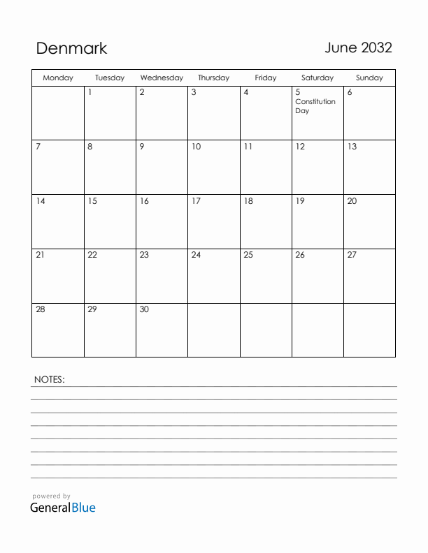June 2032 Denmark Calendar with Holidays (Monday Start)
