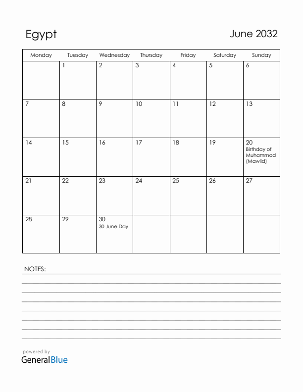 June 2032 Egypt Calendar with Holidays (Monday Start)