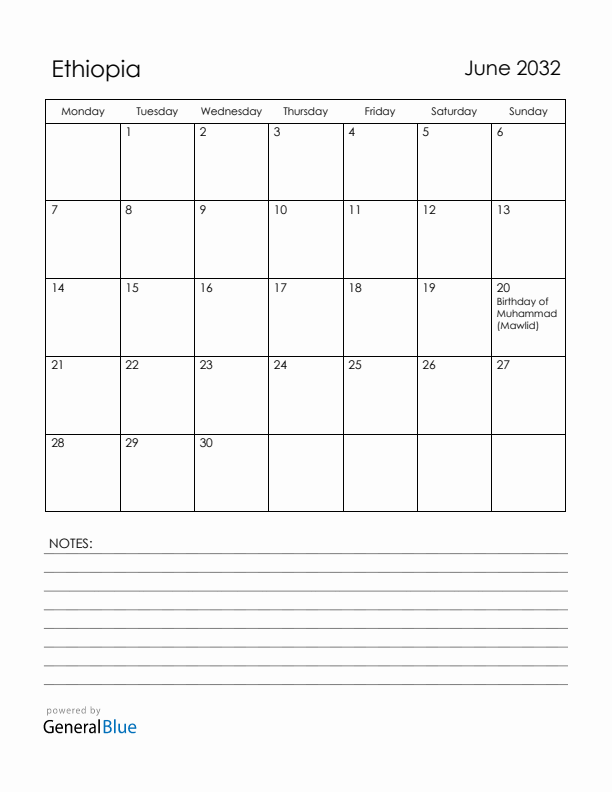 June 2032 Ethiopia Calendar with Holidays (Monday Start)