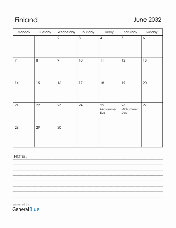 June 2032 Finland Calendar with Holidays (Monday Start)