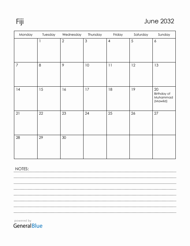 June 2032 Fiji Calendar with Holidays (Monday Start)