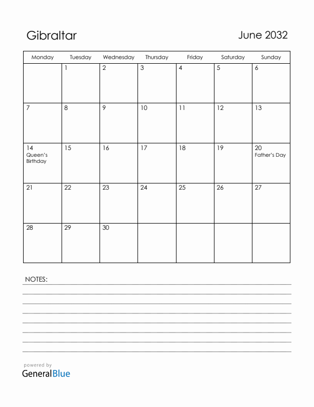June 2032 Gibraltar Calendar with Holidays (Monday Start)
