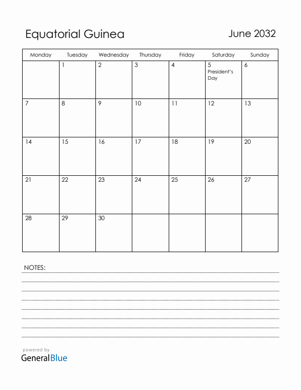 June 2032 Equatorial Guinea Calendar with Holidays (Monday Start)