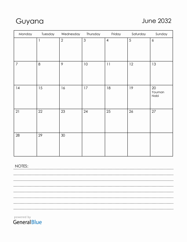 June 2032 Guyana Calendar with Holidays (Monday Start)