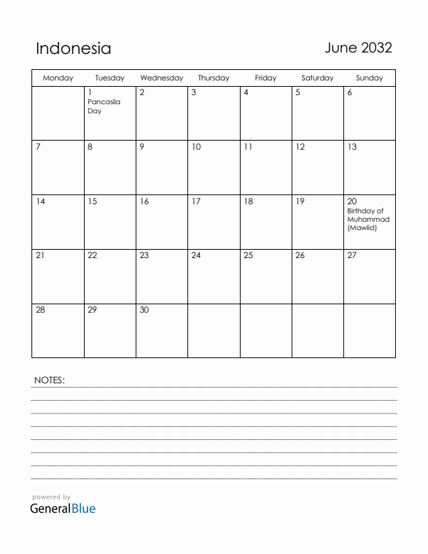 June 2032 Indonesia Calendar with Holidays (Monday Start)