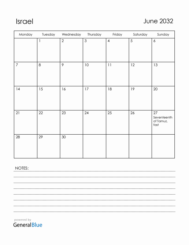 June 2032 Israel Calendar with Holidays (Monday Start)
