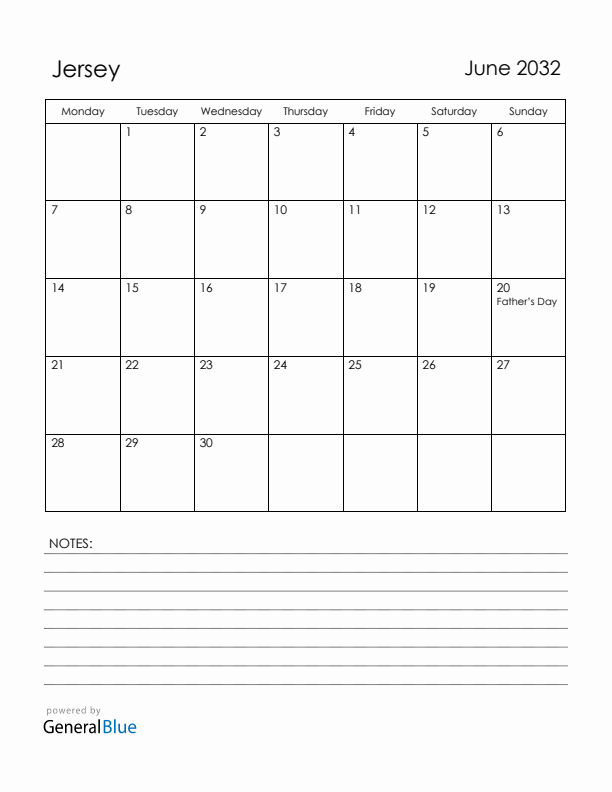 June 2032 Jersey Calendar with Holidays (Monday Start)