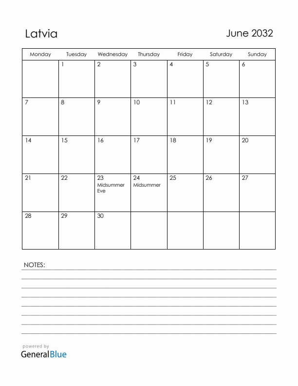 June 2032 Latvia Calendar with Holidays (Monday Start)
