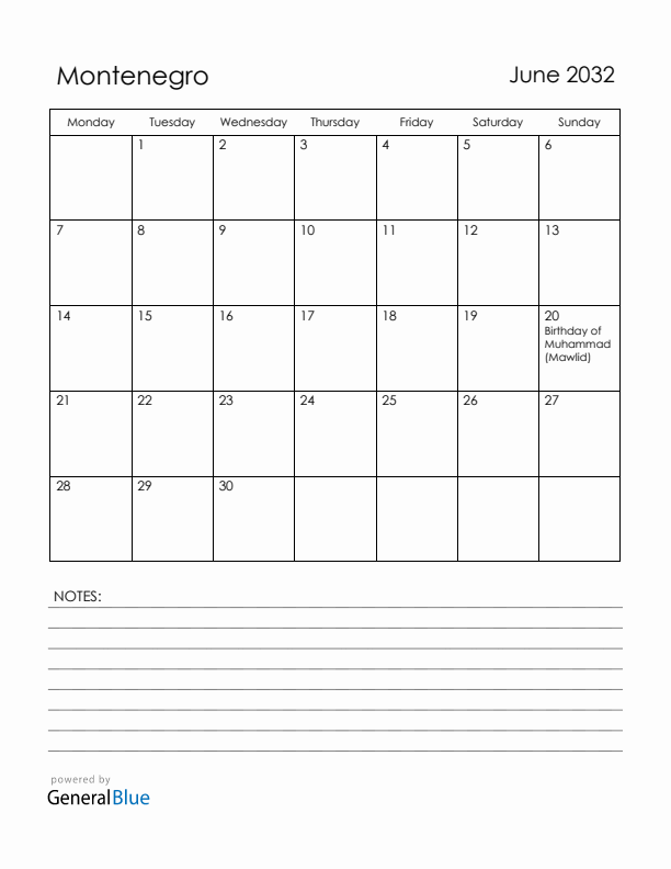 June 2032 Montenegro Calendar with Holidays (Monday Start)