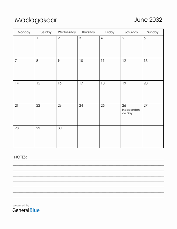 June 2032 Madagascar Calendar with Holidays (Monday Start)