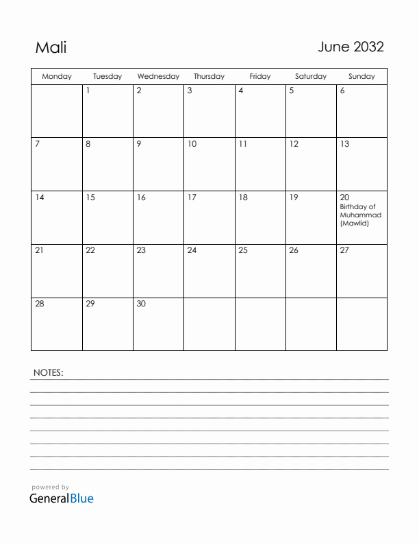 June 2032 Mali Calendar with Holidays (Monday Start)