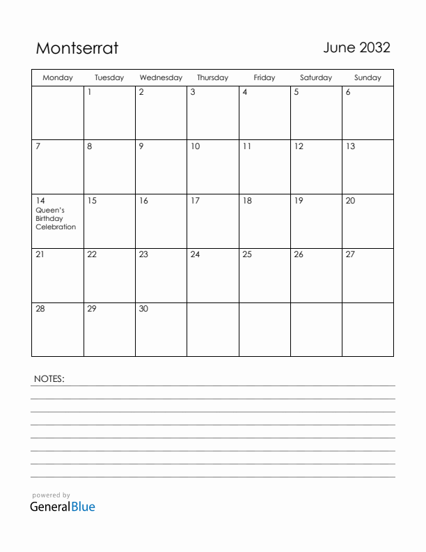 June 2032 Montserrat Calendar with Holidays (Monday Start)