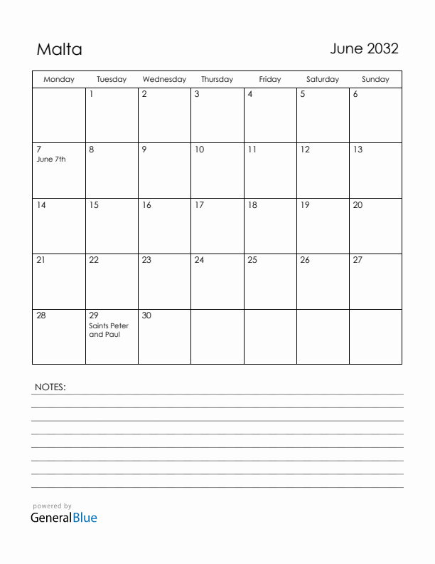 June 2032 Malta Calendar with Holidays (Monday Start)