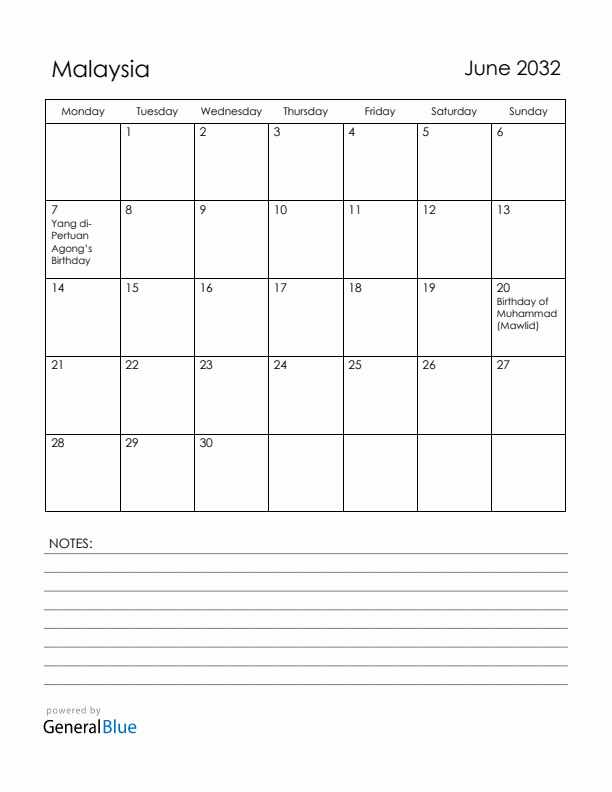June 2032 Malaysia Calendar with Holidays (Monday Start)