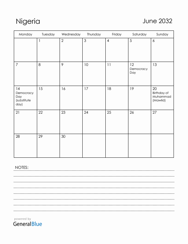 June 2032 Nigeria Calendar with Holidays (Monday Start)