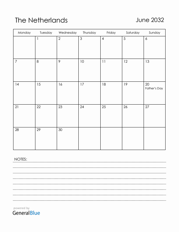 June 2032 The Netherlands Calendar with Holidays (Monday Start)