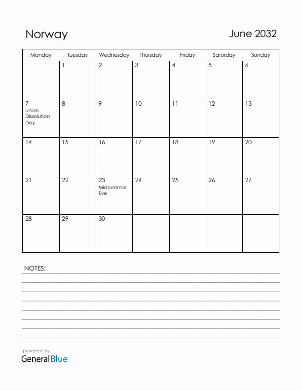 June 2032 Norway Calendar with Holidays (Monday Start)