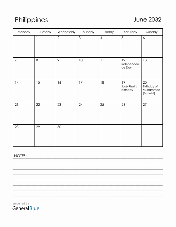 June 2032 Philippines Calendar with Holidays (Monday Start)