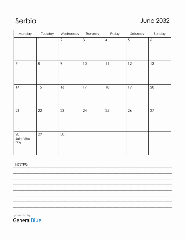 June 2032 Serbia Calendar with Holidays (Monday Start)