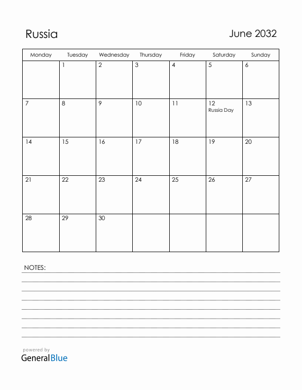 June 2032 Russia Calendar with Holidays (Monday Start)