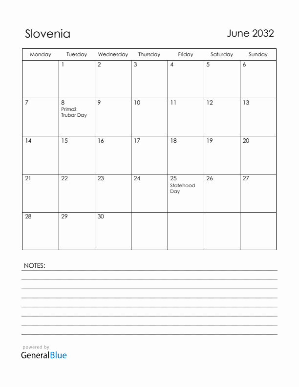 June 2032 Slovenia Calendar with Holidays (Monday Start)