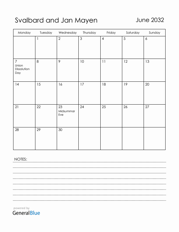 June 2032 Svalbard and Jan Mayen Calendar with Holidays (Monday Start)
