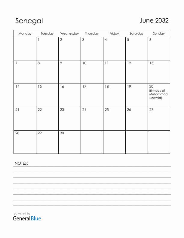 June 2032 Senegal Calendar with Holidays (Monday Start)