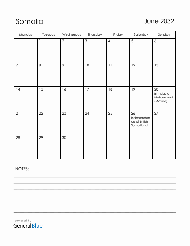 June 2032 Somalia Calendar with Holidays (Monday Start)